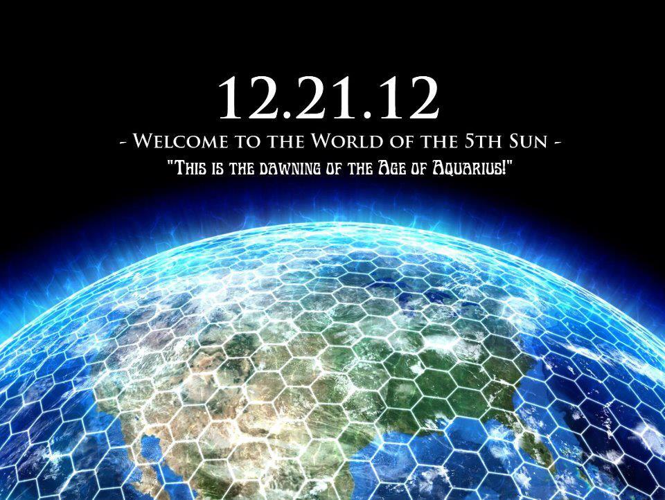 Facebook shared graphic "12.21.12 - Welcome to the Age of Aquarius" with a bright world.