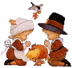 2 pilgrim children praying over a pumpkin with a bird bring them a fall leaf